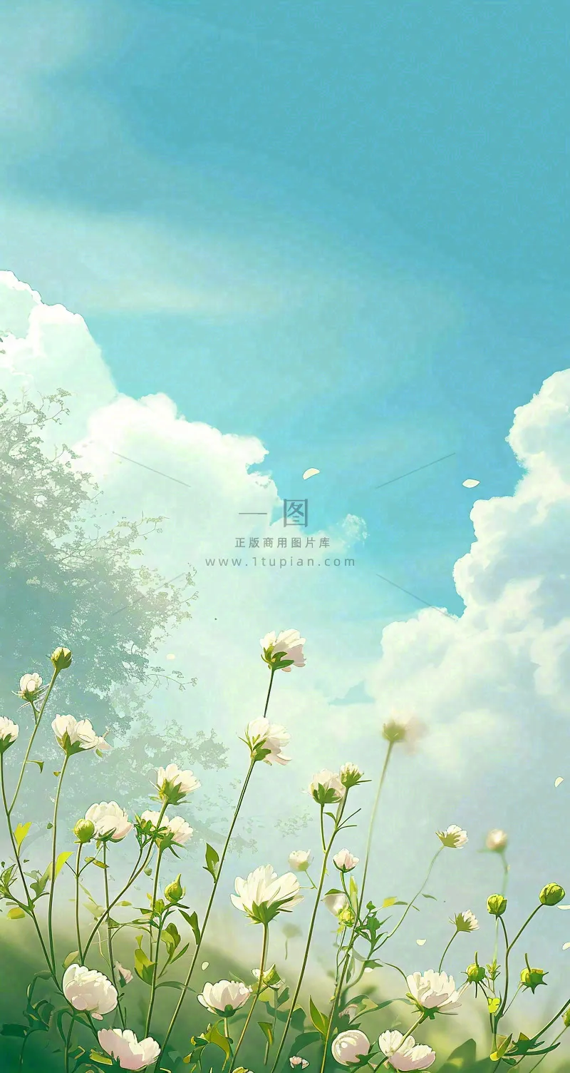 蓝天白云小花绿树树木草地插画手绘,春天春分