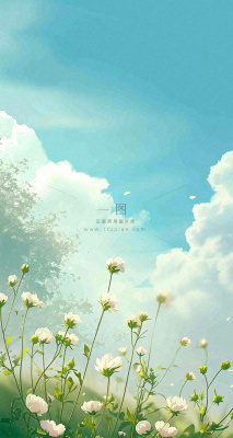 蓝天白云小花绿树树木草地插画手绘,春天春分 蓝天白云小花绿树树木草地插画手绘,春天春分