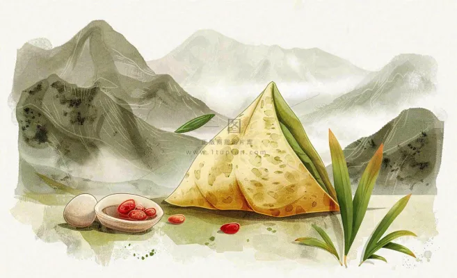 端午佳节粽子绿色青山国风插画水彩绘画背景 端午佳节粽子绿色青山国风插画水彩绘画背景