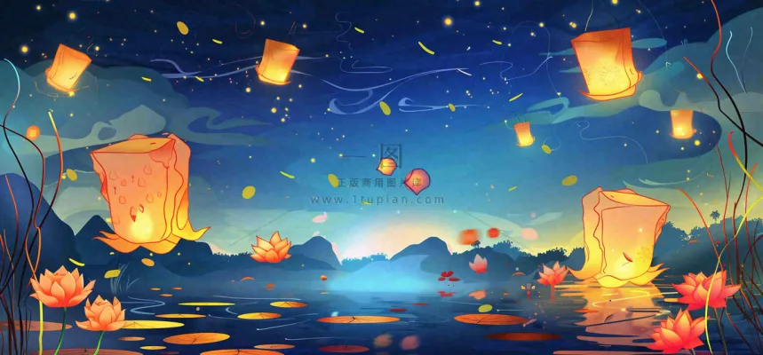 湖面花灯孔明灯风景夜晚荷花灯许愿灯放天灯中国风古风中元节寒衣节插画背景 湖面花灯孔明灯风景夜晚荷花灯许愿灯放天灯中国风古风中元节寒衣节插画背景