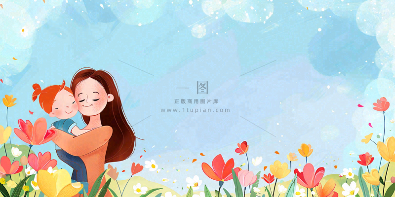 母亲节妈妈亲情抱着孩子鲜花光辉插画背景