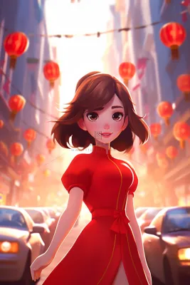 新年春节红色中式旗袍的女孩张灯结彩喜庆卡通插画插图背景