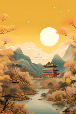 国风月亮淡雅渐变意境背景