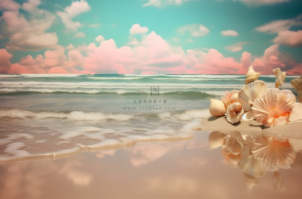 波涛汹涌的海岸倒映在沙滩上，浅青色和浅米色的风格，充满活力的舞台背景，宾得645n，迷人摄影图