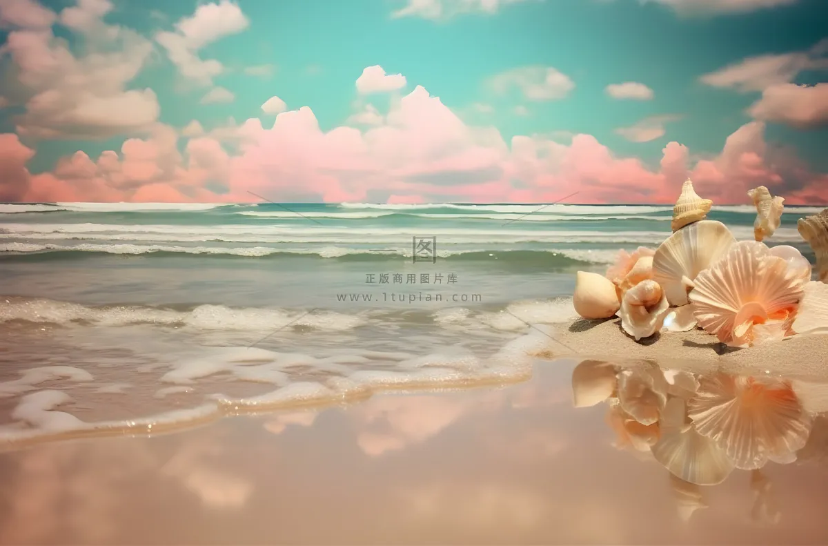 波涛汹涌的海岸倒映在沙滩上,浅青色和浅米色的风格,充满活力的舞台背景,宾得645n,迷人摄影图