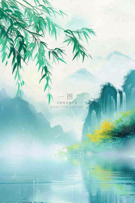 春天雨水水墨山水柳树柳枝燕子黄花盛开清明端午插画背景 春天雨水水墨山水柳树柳枝燕子黄花盛开清明端午插画背景