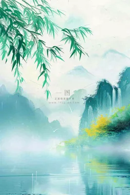 春天雨水水墨山水柳树柳枝燕子黄花盛开清明端午插画背景 春天雨水水墨山水柳树柳枝燕子黄花盛开清明端午插画背景