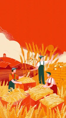 红色插画土地收成粮食农民辛勤劳作劳动节卡通插画背景