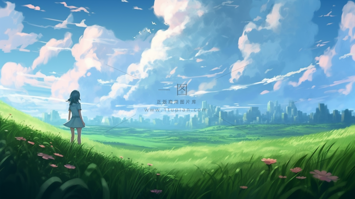 卡通插画天空之境蓝天白云草原背景