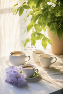 餐桌上的咖啡杯下午茶绿植阳光光影摄影图