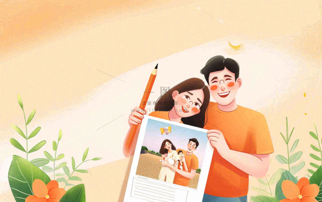温馨家庭简约合照，橙色渐变绿叶绿植手绘插画