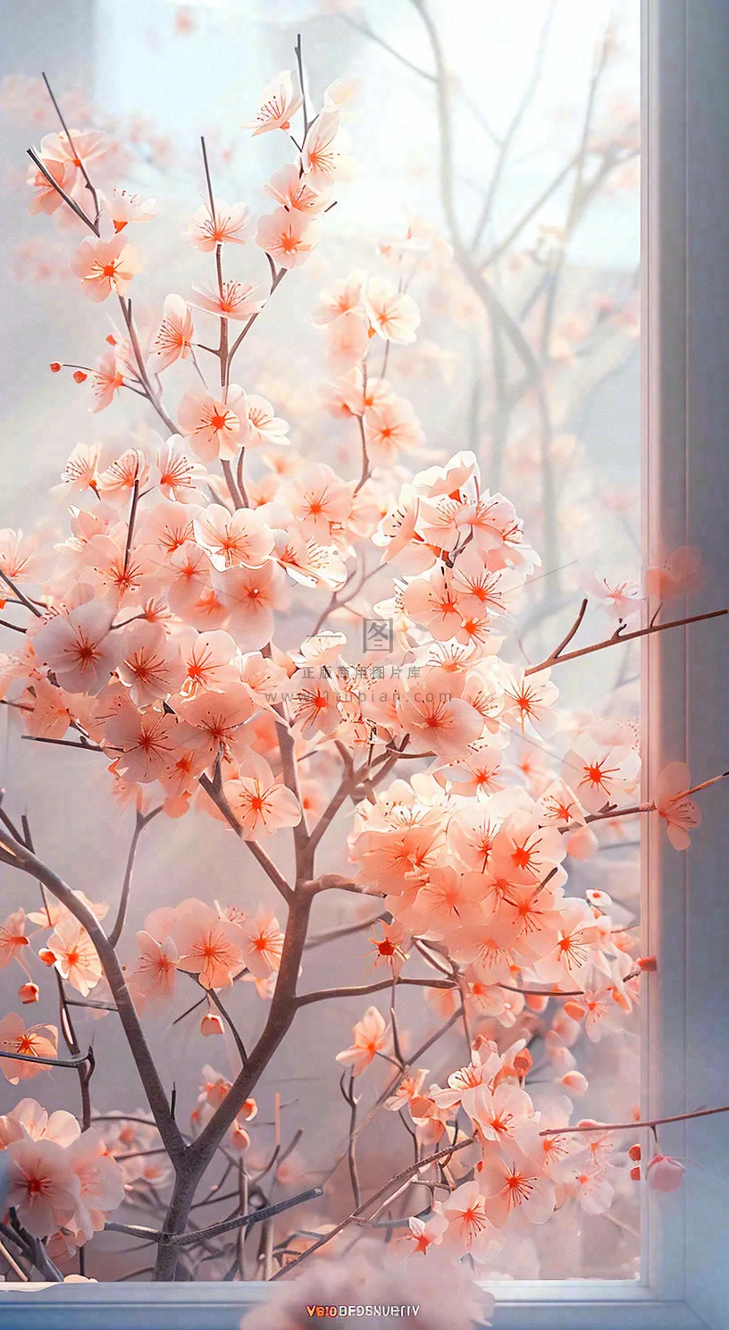 春天窗台粉色渐变鲜花,枝叶