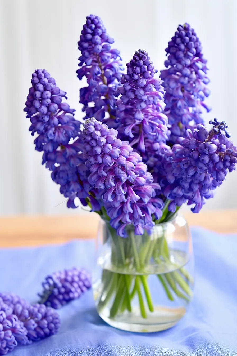 花瓶里装的葡萄花信子鲜花摄影图
