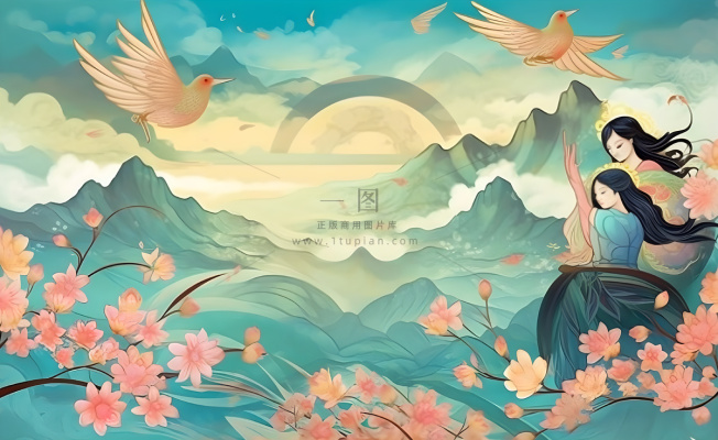 国潮风山峦云树枝花鸟插画海报素材背景 国潮风山峦云树枝花鸟插画海报素材背景