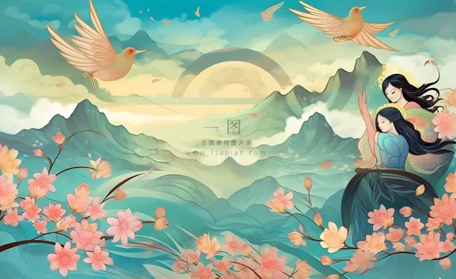 国潮风山峦云树枝花鸟插画海报素材背景 国潮风山峦云树枝花鸟插画海报素材背景