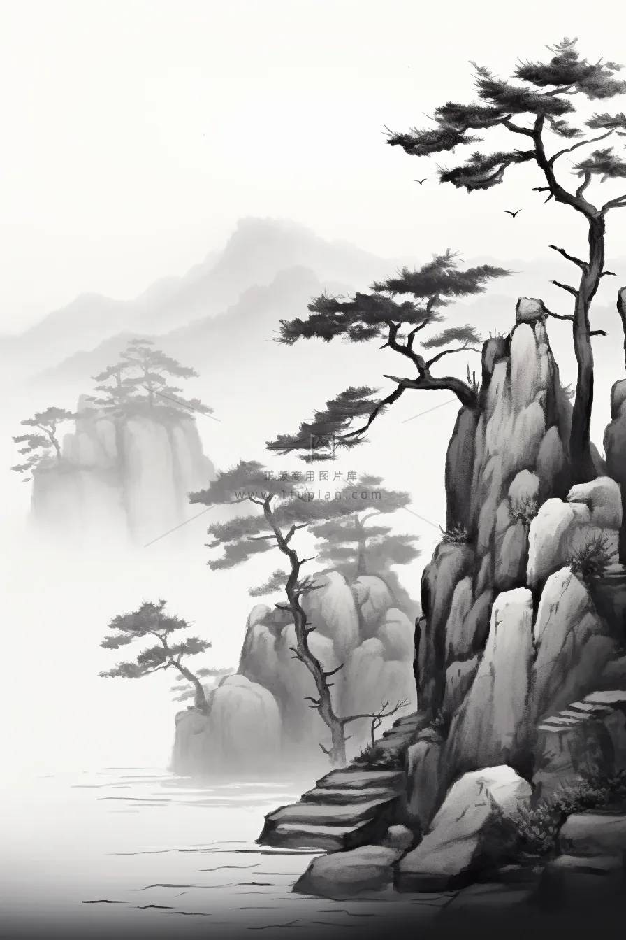 国风山水画河流花草国画水墨画素材背景