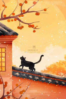 屋檐上的猫咪屋墙萧瑟霜降插画背景 屋檐上的猫咪屋墙萧瑟霜降插画背景