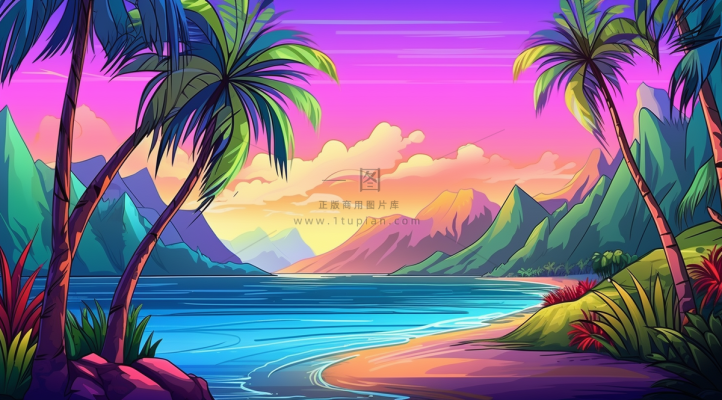 夏日海滩椰子树海浪卡通插画背景
