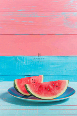 夏日西瓜切块粉蓝木板背景立夏下载小暑处暑摄影图