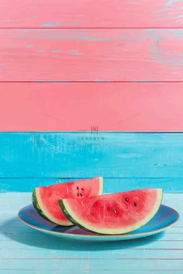 夏日西瓜切块粉蓝木板背景立夏下载小暑处暑摄影图