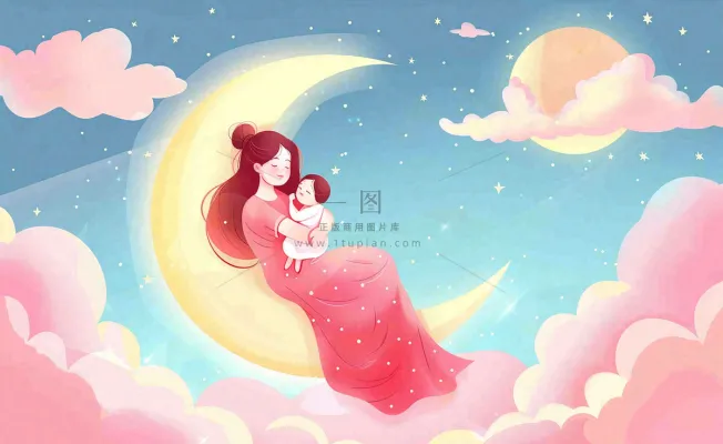 妈妈抱着孩子母亲节创意插画月亮睡眠晚安背景