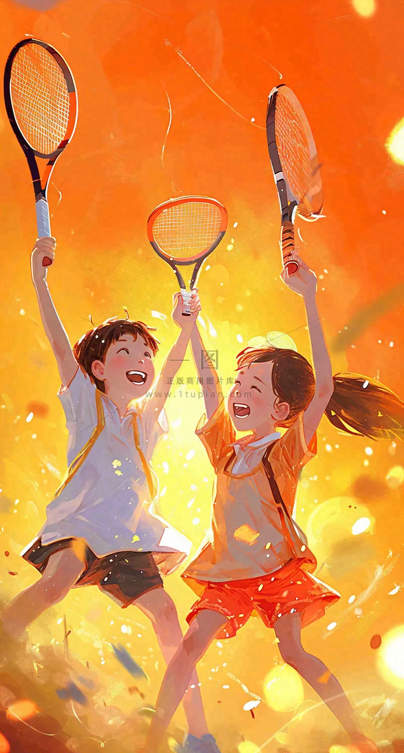 青春活力运动青年手绘插画油画,网球羽毛球球类