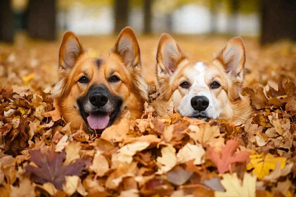 秋天公园黄落叶小狗宠物摄影图