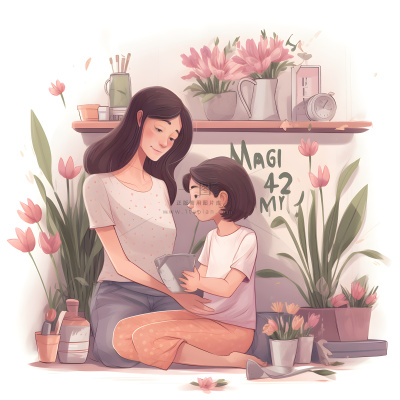 母亲妈妈和孩子相互依偎亲情手绘插画海报背景素材