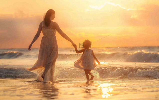 夏日海边沙滩妈妈和孩子散步母亲节温馨摄影图