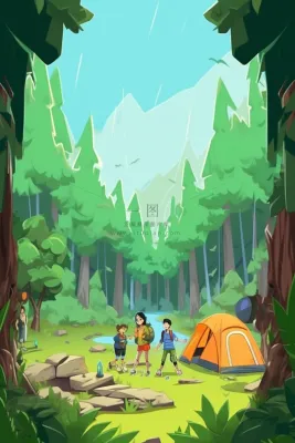 亲子露营野营游玩绿色插画背景 亲子露营野营游玩绿色插画背景