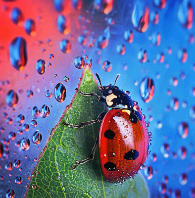 玻璃雨水下的绿叶昆虫七星瓢虫，彩色植物摄影图