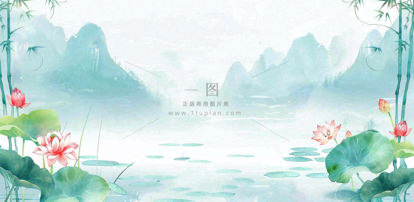 绿色荷花荷叶山水船立夏天夏至中式手绘风景中国风国画大暑小暑插画背景