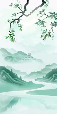 夏天青山绿水国风端午节处暑插画背景 夏天青山绿水国风端午节处暑插画背景