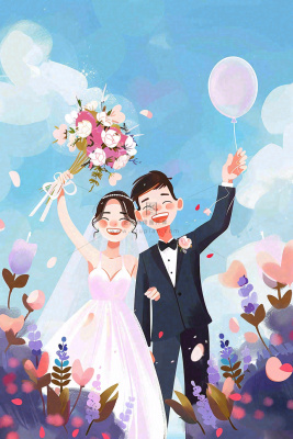 婚礼典礼的夫妻恋人唯美浪漫温馨七夕情人节卡通插画背景