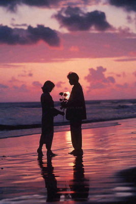 浪漫夕阳晚霞海边情侣情人节七夕摄影图