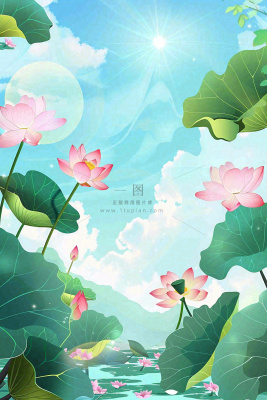 炎炎夏日烈日荷花池荷叶蓝天立夏小暑大暑处暑卡通插画背景 炎炎夏日烈日荷花池荷叶蓝天立夏小暑大暑处暑卡通插画背景