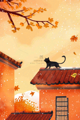 屋檐上的猫咪屋墙萧瑟霜降插画背景 屋檐上的猫咪屋墙萧瑟霜降插画背景