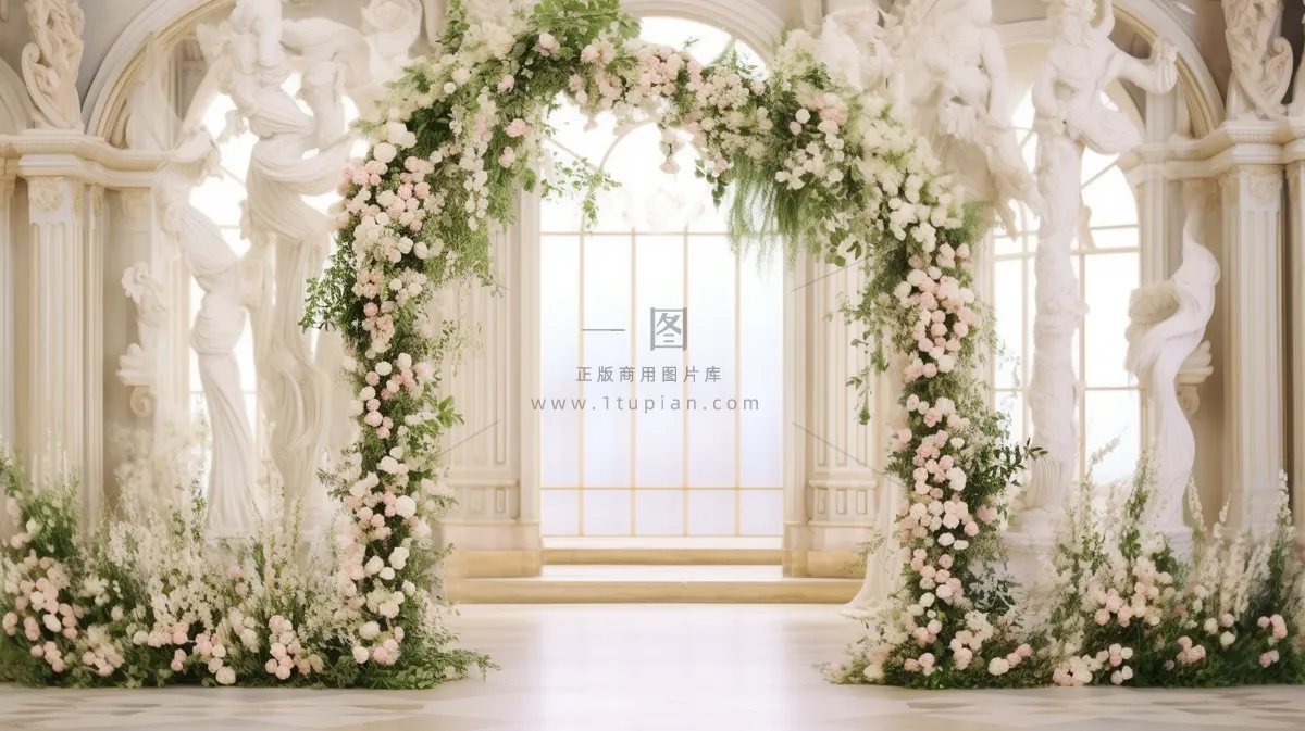 教堂婚礼现场鲜花白色主题摄影图