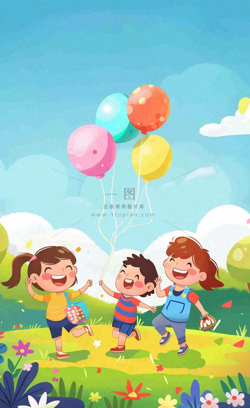 草坪玩耍的儿童气球派对儿童节卡通插画背景