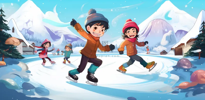 冬季在冰湖上滑冰的孩子儿童卡通插画背景 冬季在冰湖上滑冰的孩子儿童卡通插画背景