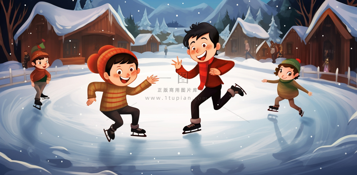 冬季在冰湖上滑冰的孩子儿童卡通插画背景