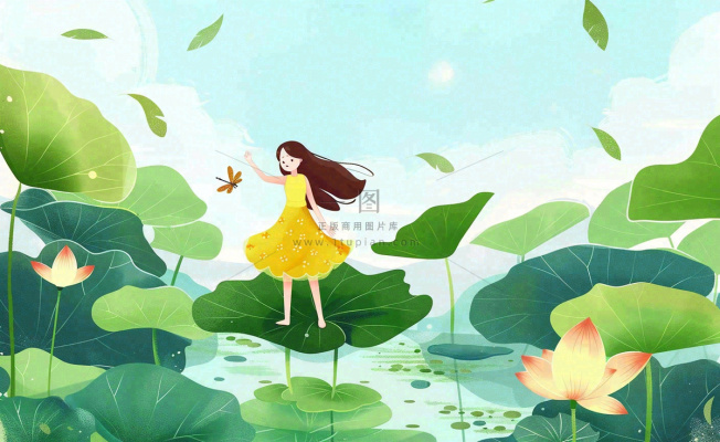 夏日清凉唯美荷花荷叶飘在水面女孩站在荷叶上卡通插画处暑夏至背景 夏日清凉唯美荷花荷叶飘在水面女孩站在荷叶上卡通插画处暑夏至背景