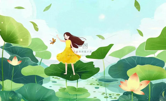 夏日清凉唯美荷花荷叶飘在水面女孩站在荷叶上卡通插画处暑夏至背景 夏日清凉唯美荷花荷叶飘在水面女孩站在荷叶上卡通插画处暑夏至背景