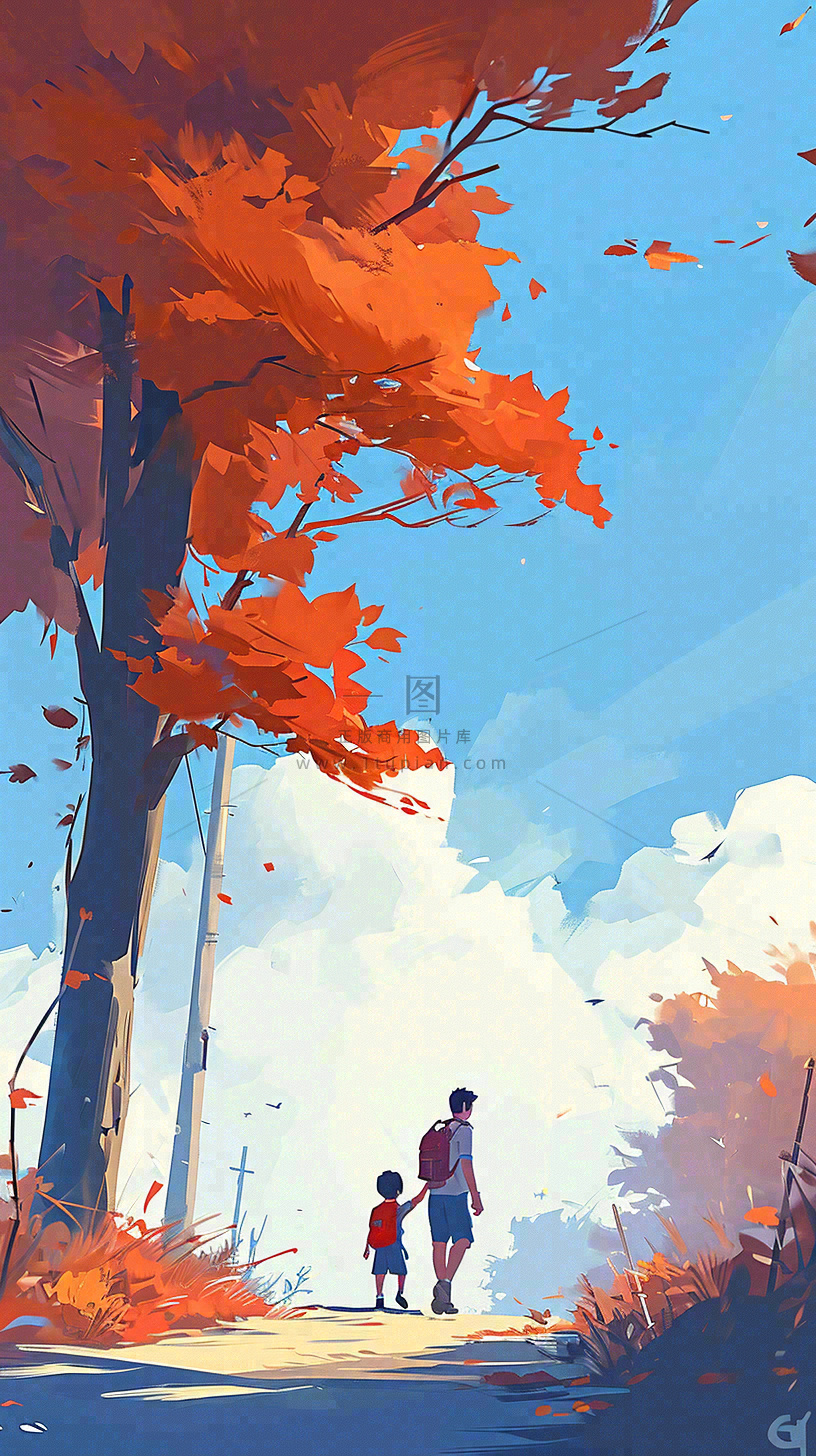 秋天红色秋叶树落叶温馨自然风景,立秋手绘插画