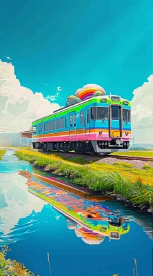 城市交通乡村铁路高铁，户外蓝天白云河边