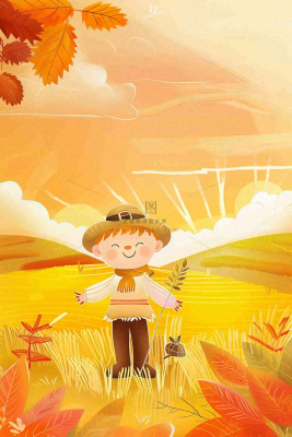 秋天金黄的农田小麦稻谷稻草人落日秋收立秋处暑秋分卡通插画背景 秋天金黄的农田小麦稻谷稻草人落日秋收立秋处暑秋分卡通插画背景