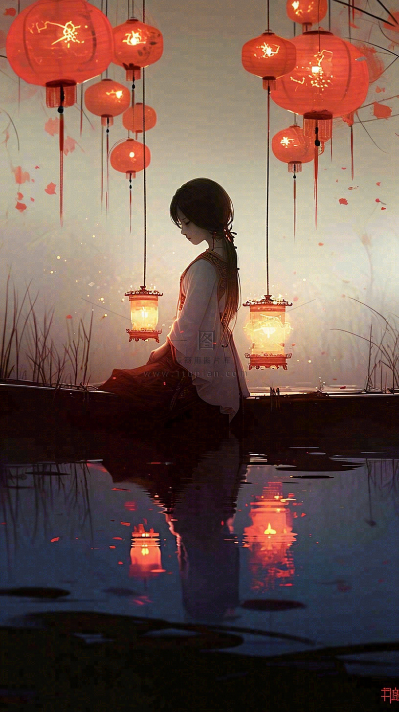 古风夜晚湖边少女灯笼意境水面