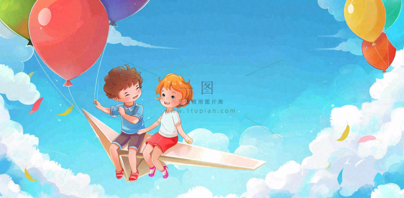 白云蓝天坐着纸飞机的儿童天空儿童节卡通插画背景