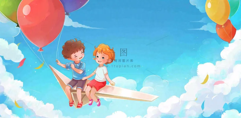 白云蓝天坐着纸飞机的儿童天空儿童节卡通插画背景