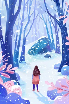 冬天女孩走进白雪下的森林紫色冬至大雪卡通插画背景